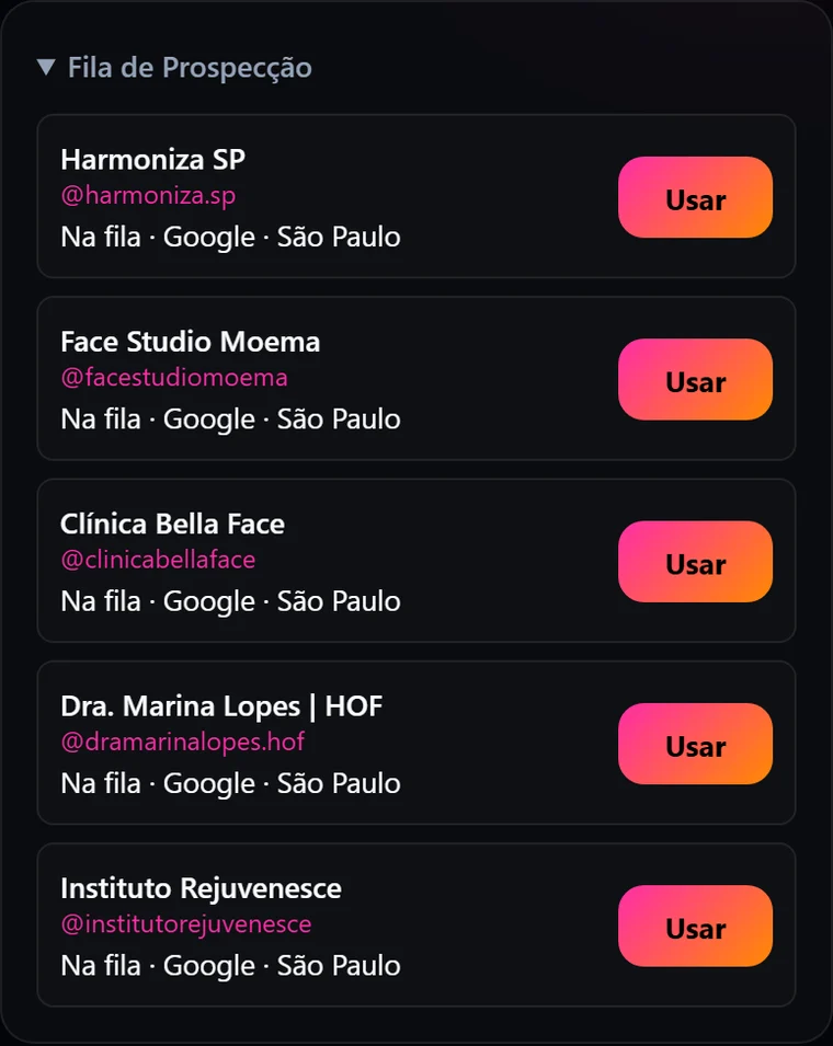 Fila de prospecção com leads