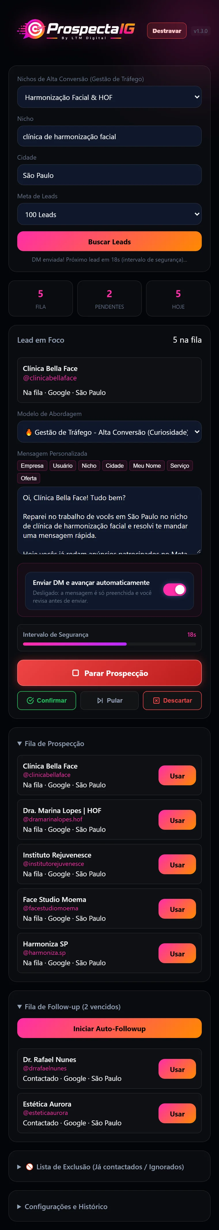 Painel lateral do ProspectaIG com busca, fila e mensagem